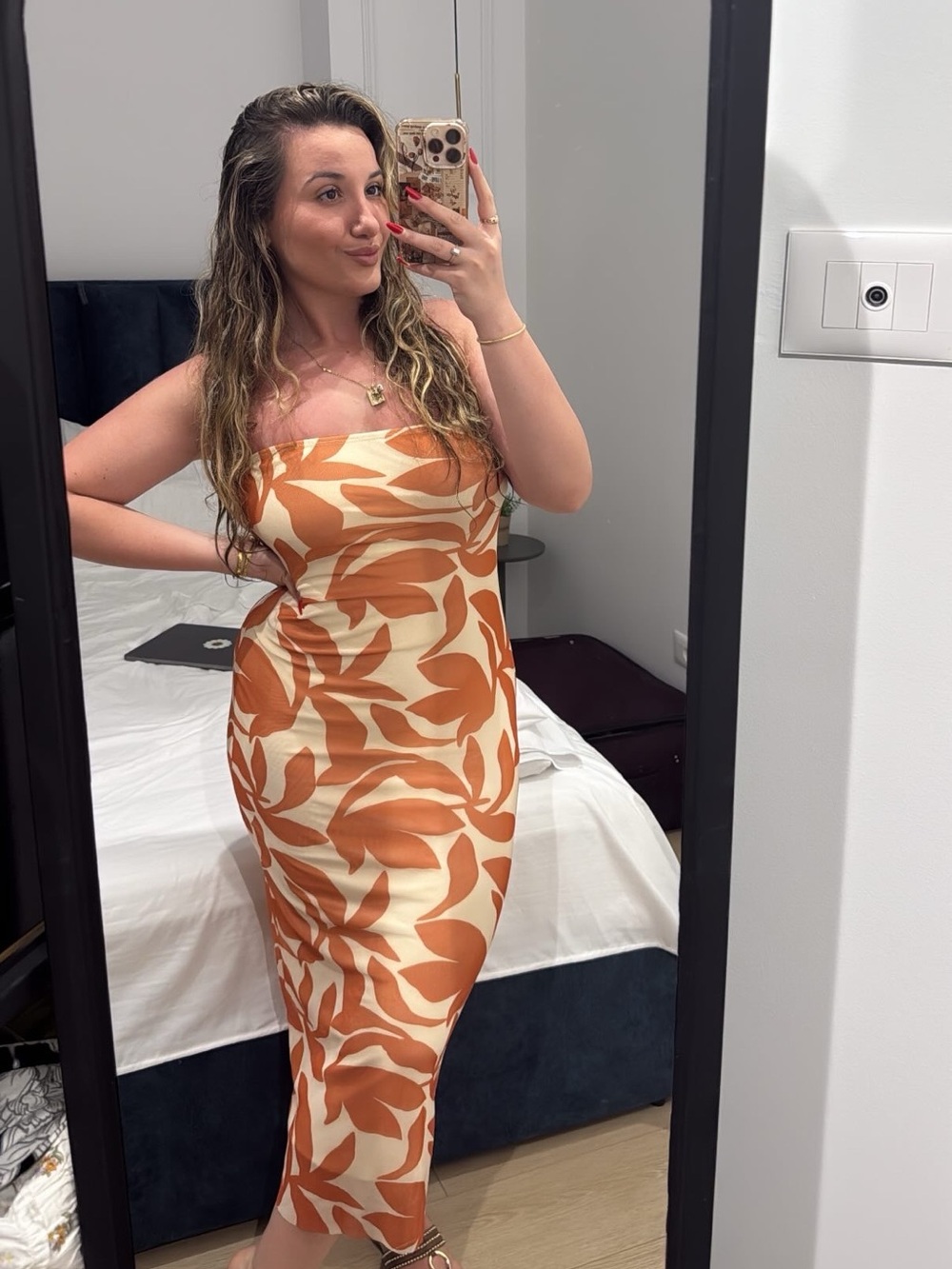 Strapless Cream & Rust Botanical Bodycon Dress